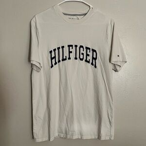Tommy Hilfiger, Tan and Navy Blue Varsity HILFIGER tee, size Large